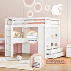 Letto a soppalco full size con mensole, scrivania e luce LED
