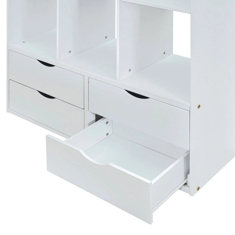 Letto a soppalco full size con mensole, scrivania e luce LED