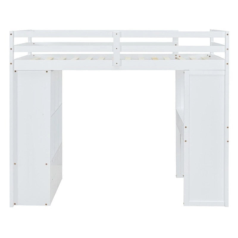 Letto a soppalco full size con mensole, scrivania e luce LED