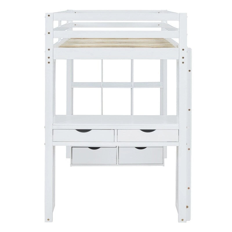 Letto a soppalco full size con mensole, scrivania e luce LED