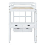 Letto a soppalco full size con mensole, scrivania e luce LED