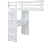 Letto a soppalco full size con mensole, scrivania e luce LED