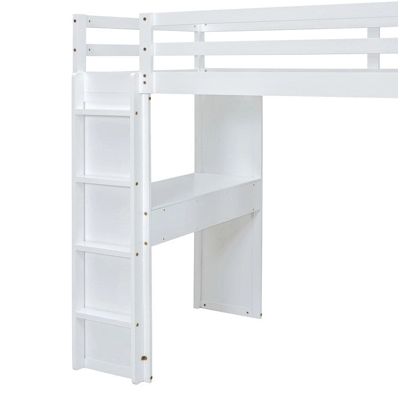Letto a soppalco full size con mensole, scrivania e luce LED