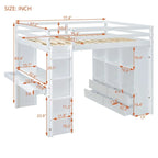 Letto a soppalco full size con mensole, scrivania e luce LED