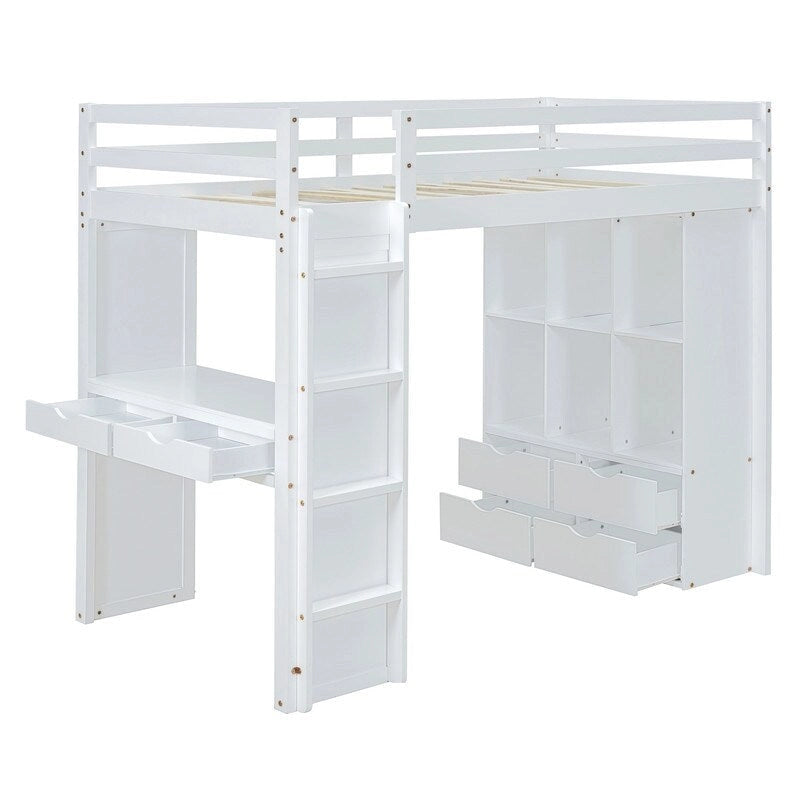 Letto a soppalco full size con mensole, scrivania e luce LED