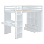 Letto a soppalco full size con mensole, scrivania e luce LED