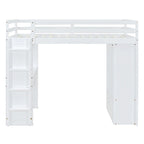 Letto a soppalco full size con mensole, scrivania e luce LED