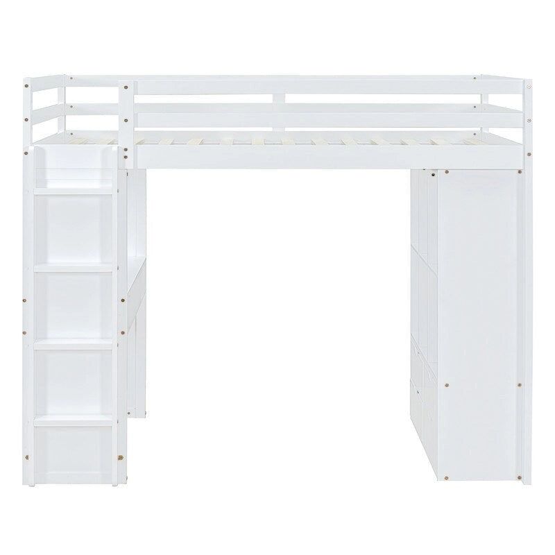 Letto a soppalco full size con mensole, scrivania e luce LED