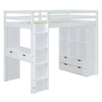 Letto a soppalco full size con mensole, scrivania e luce LED