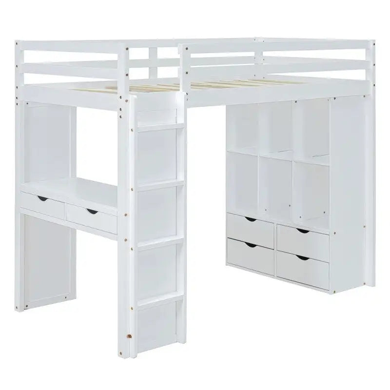 Letto a soppalco full size con mensole, scrivania e luce LED