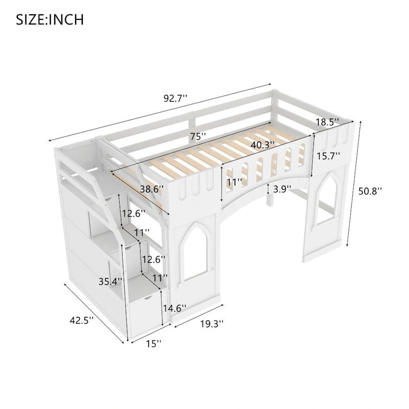 Twin Size Wood Loft Bed with Storage Staircase and Window