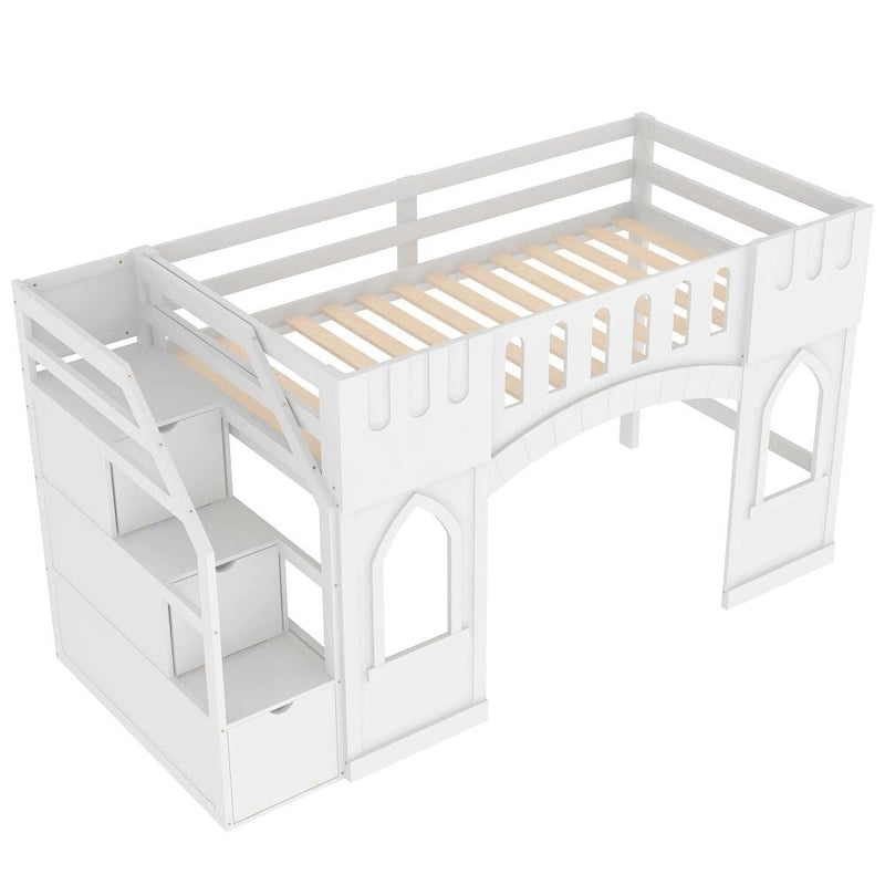 Letto a soppalco singolo con scala contenitore e finestra