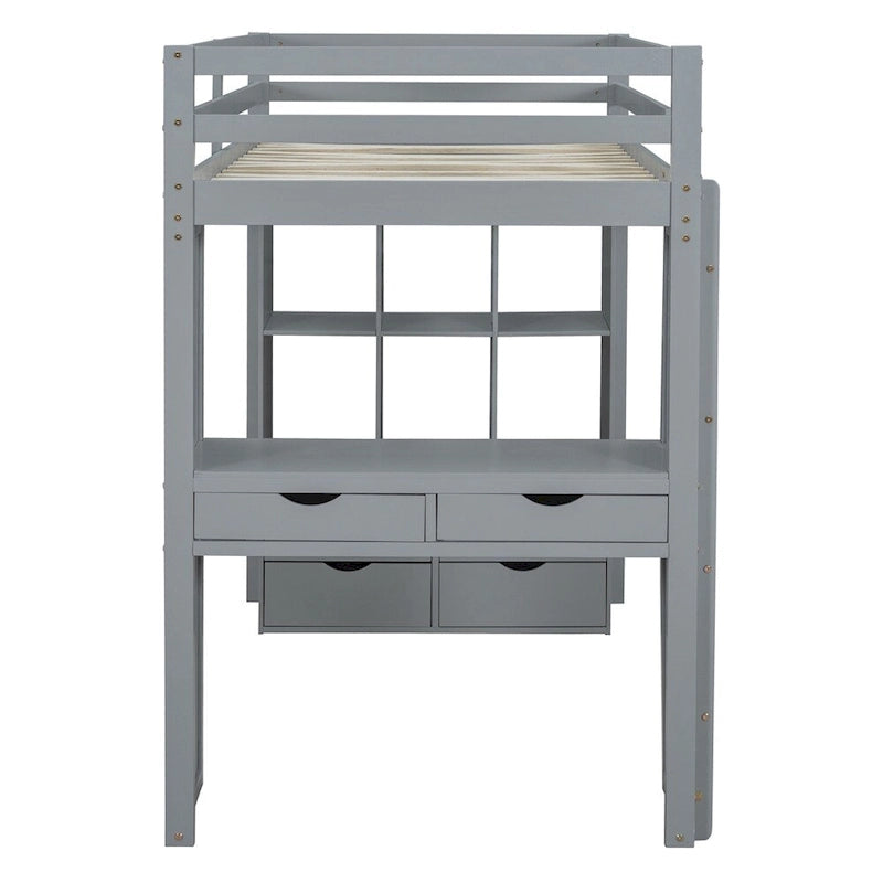 Twin Size Loft Bed With Large Shelves, Writing Desk And Led Light