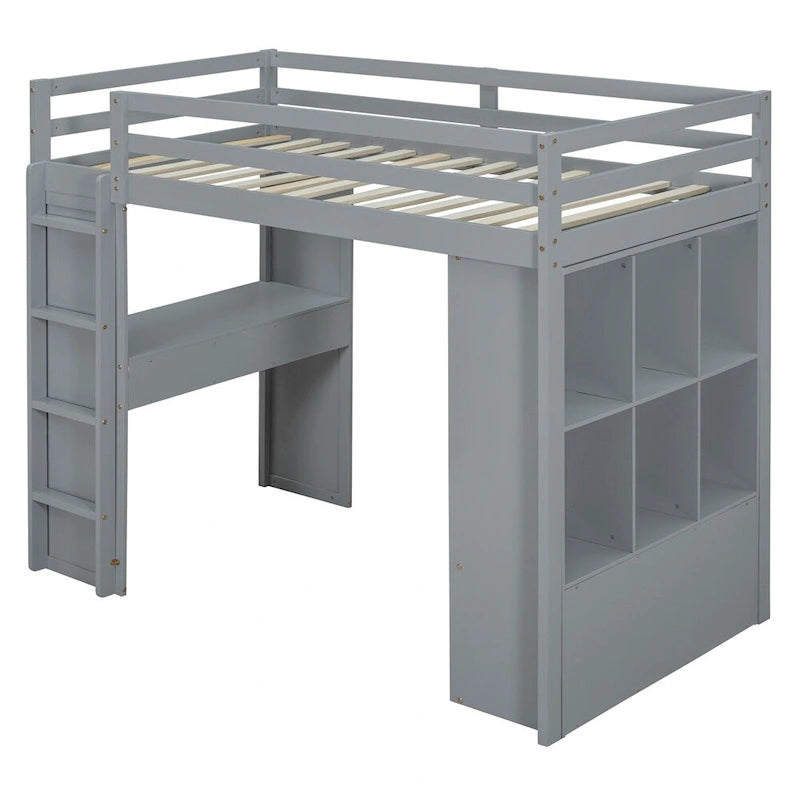 Letto a soppalco singolo con mensole, scrivania e luce LED