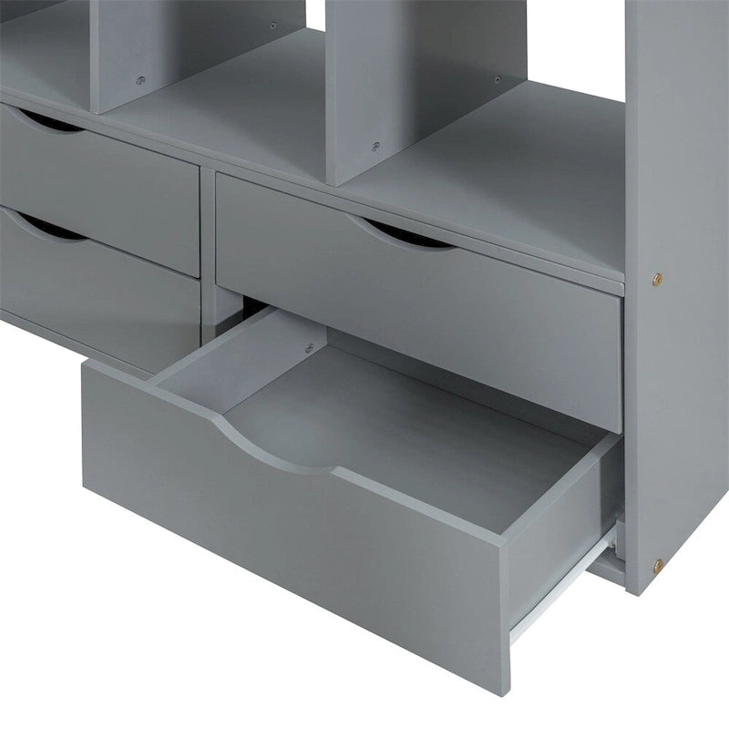 Letto a soppalco singolo con mensole, scrivania e luce LED