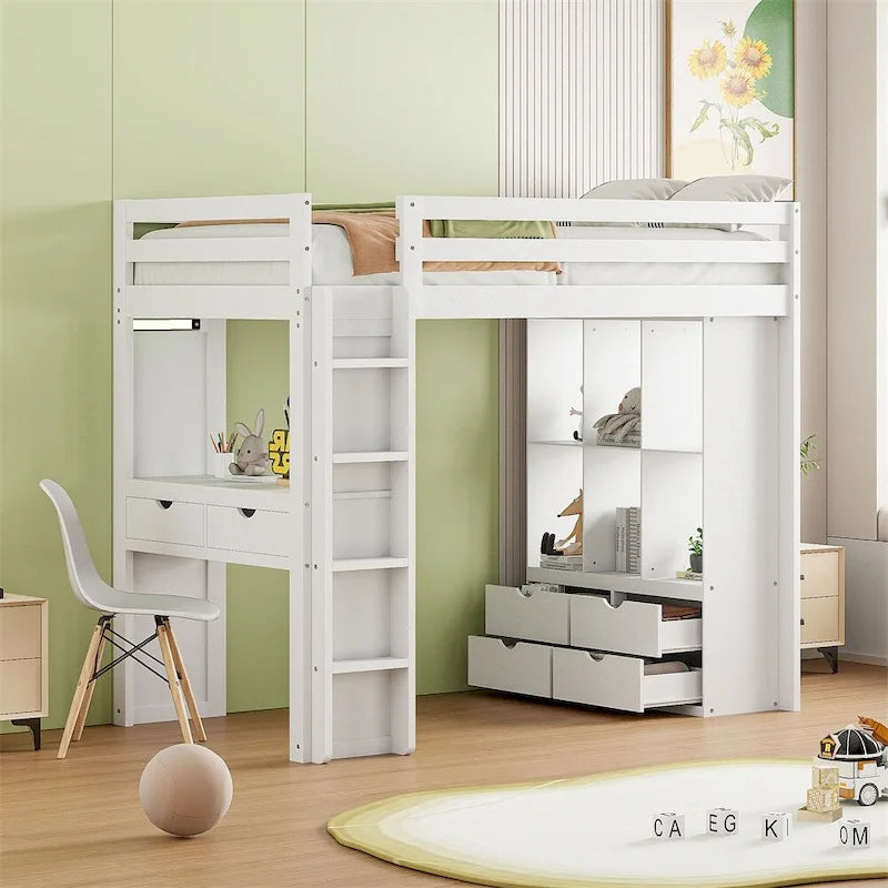 Letto a soppalco singolo con mensole, scrivania e luce LED