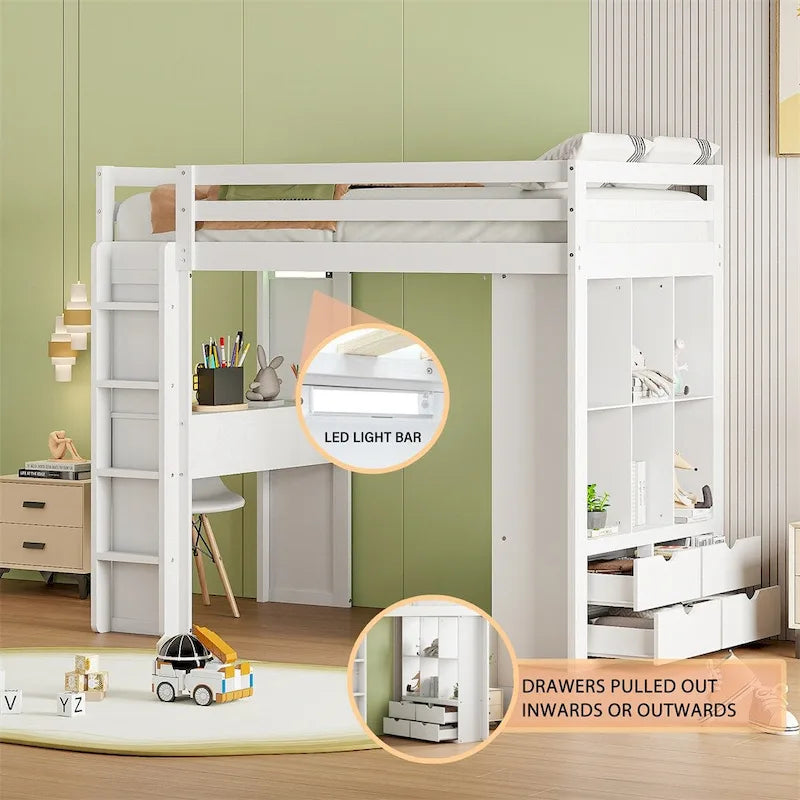 Letto a soppalco singolo con mensole, scrivania e luce LED