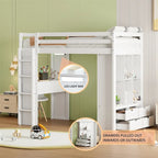 Letto a soppalco singolo con mensole, scrivania e luce LED