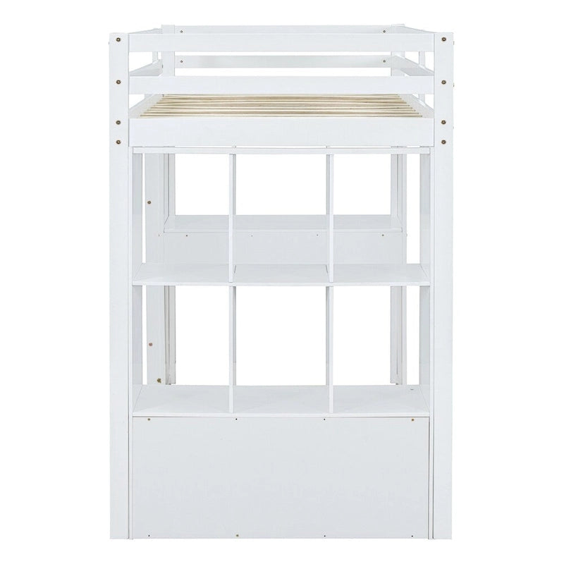 Letto a soppalco singolo con mensole, scrivania e luce LED