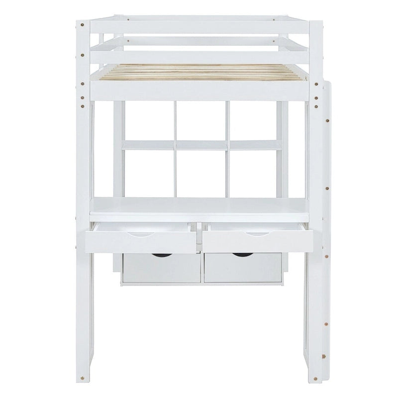 Letto a soppalco singolo con mensole, scrivania e luce LED