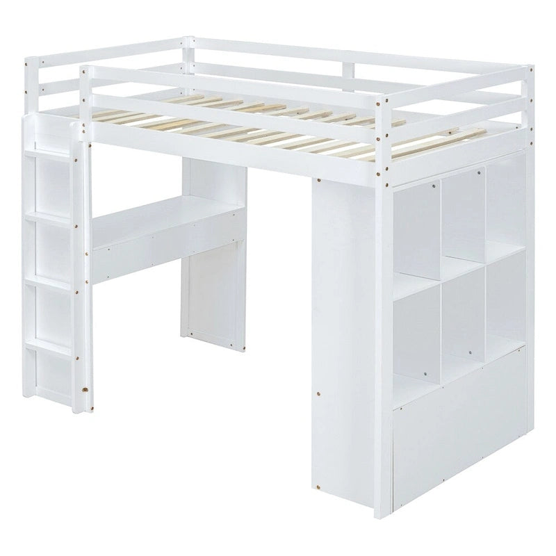 Letto a soppalco singolo con mensole, scrivania e luce LED