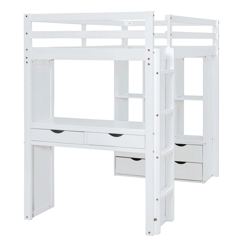 Letto a soppalco singolo con mensole, scrivania e luce LED