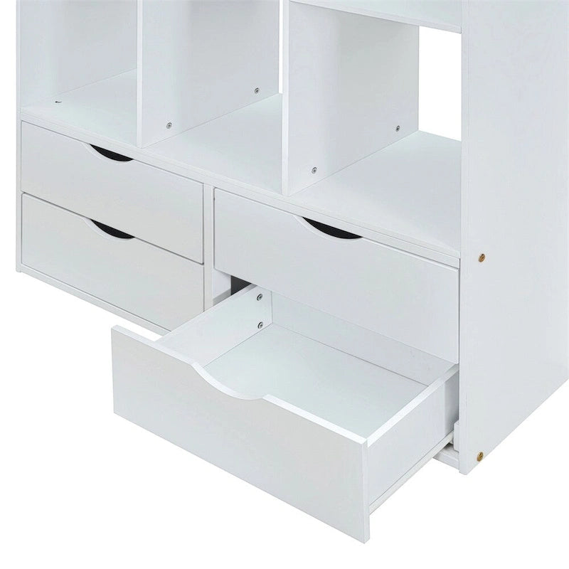 Letto a soppalco singolo con mensole, scrivania e luce LED