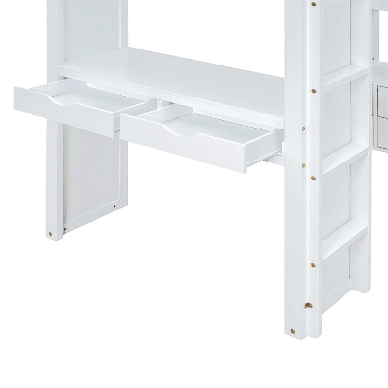Letto a soppalco singolo con mensole, scrivania e luce LED