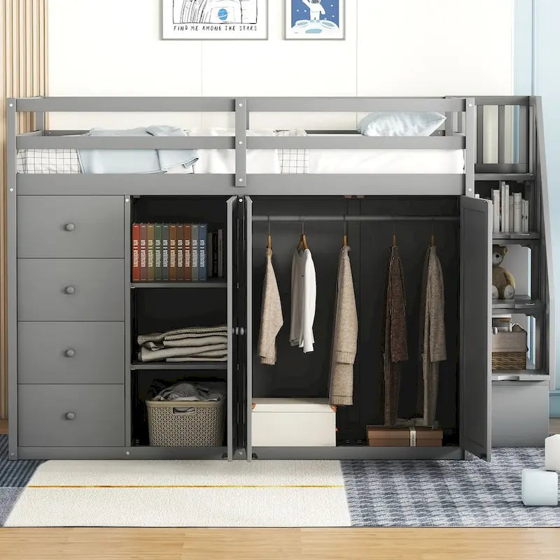 Letto a soppalco con armadio, cassetti e scaletta contenitore