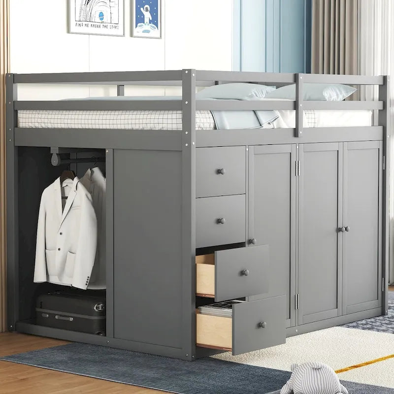 Letto a soppalco con armadio, cassetti e scaletta contenitore