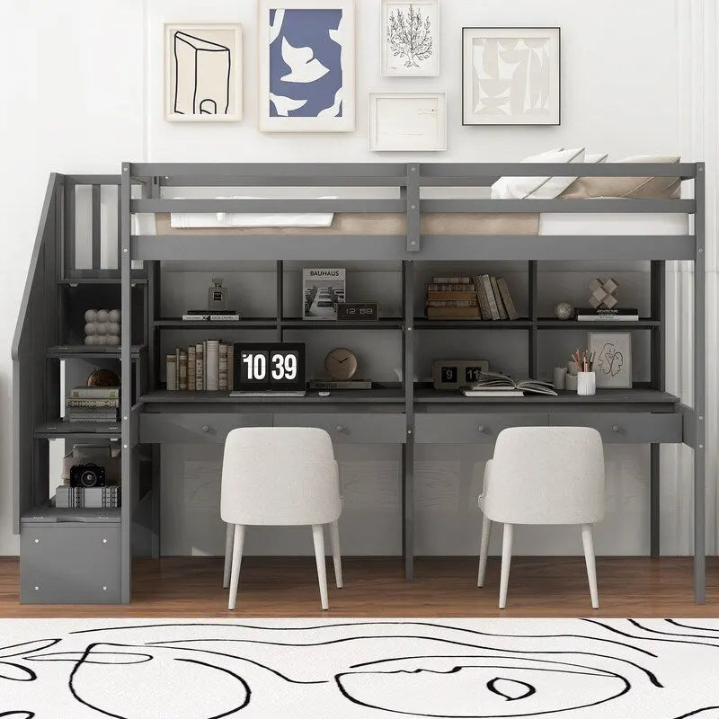 Twin Size Loft Bed Frame with Storage Staircase and Double Desks and Shelves