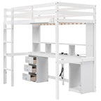 Letto a soppalco matrimoniale/full size con scrivania, mensole portaoggetti, cassetti, luce LED e stazione di ricarica – Bianco