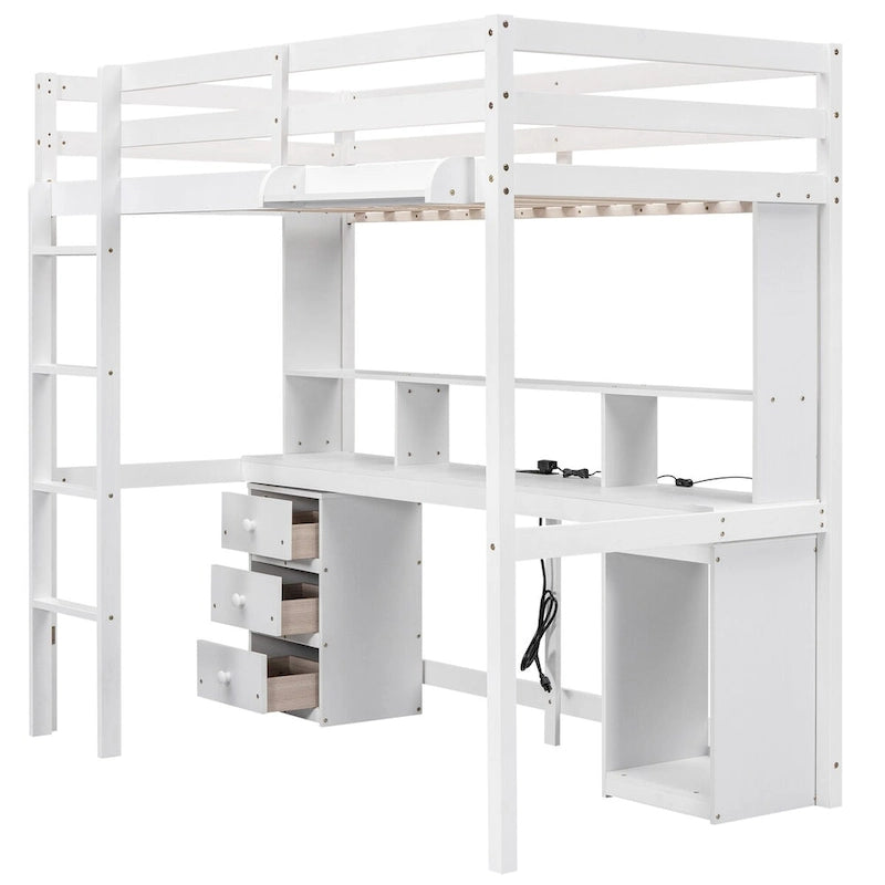 Letto a soppalco matrimoniale/full size con scrivania, mensole portaoggetti, cassetti, luce LED e stazione di ricarica – Bianco