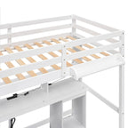 Letto a soppalco matrimoniale/full size con scrivania, mensole portaoggetti, cassetti, luce LED e stazione di ricarica – Bianco