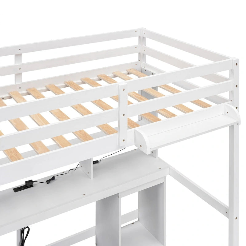 Letto a soppalco matrimoniale/full size con scrivania, mensole portaoggetti, cassetti, luce LED e stazione di ricarica – Bianco