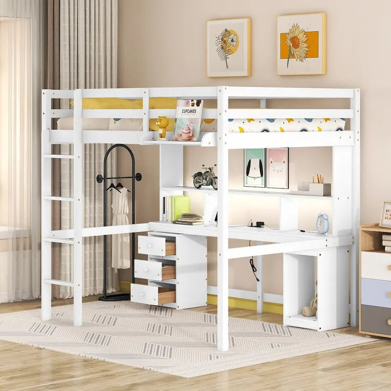 Letto a soppalco matrimoniale/full size con scrivania, mensole portaoggetti, cassetti, luce LED e stazione di ricarica – Bianco
