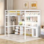 Letto a soppalco matrimoniale/full size con scrivania, mensole portaoggetti, cassetti, luce LED e stazione di ricarica – Bianco