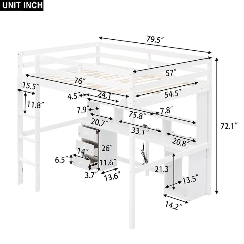 Letto a soppalco matrimoniale/full size con scrivania, mensole portaoggetti, cassetti, luce LED e stazione di ricarica – Bianco