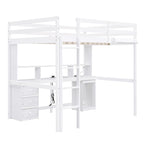 Letto a soppalco matrimoniale/full size con scrivania, mensole portaoggetti, cassetti, luce LED e stazione di ricarica – Bianco
