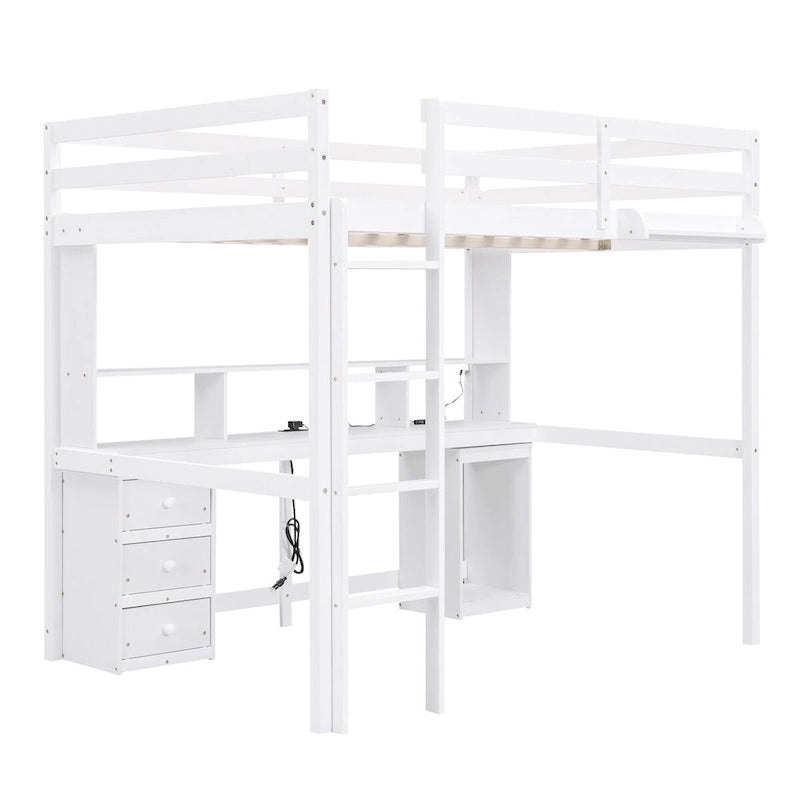 Letto a soppalco matrimoniale/full size con scrivania, mensole portaoggetti, cassetti, luce LED e stazione di ricarica – Bianco