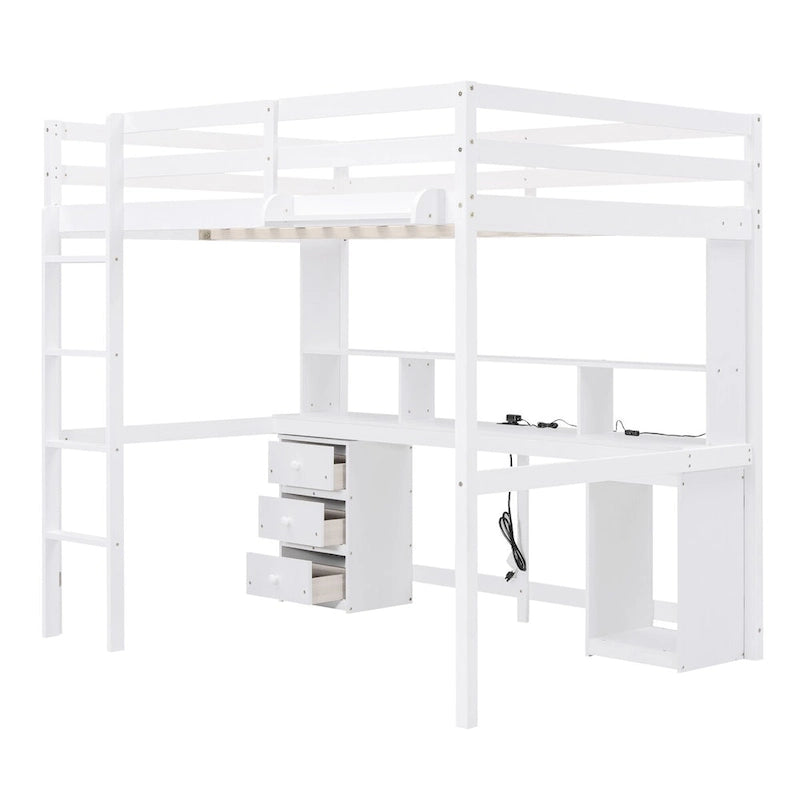Letto a soppalco matrimoniale/full size con scrivania, mensole portaoggetti, cassetti, luce LED e stazione di ricarica – Bianco