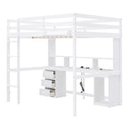 Letto a soppalco matrimoniale/full size con scrivania, mensole portaoggetti, cassetti, luce LED e stazione di ricarica – Bianco