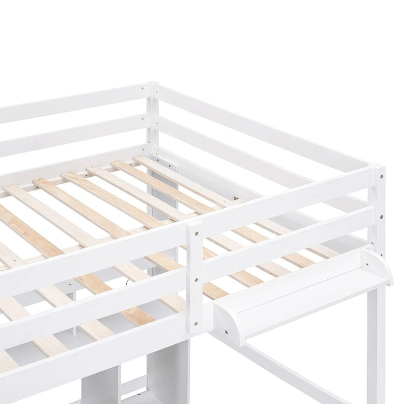 Letto a soppalco matrimoniale/full size con scrivania, mensole portaoggetti, cassetti, luce LED e stazione di ricarica – Bianco