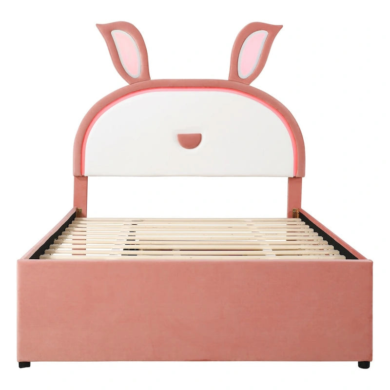 Letto a piattaforma imbottito interamente rosa con letto estraibile, 3 cassetti e testiera a coniglio a LED
