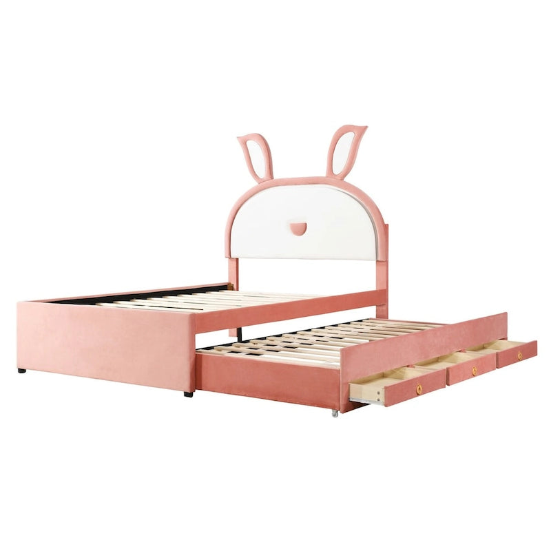 Letto a piattaforma imbottito interamente rosa con letto estraibile, 3 cassetti e testiera a coniglio a LED