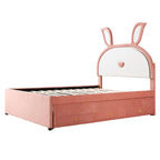 Letto a piattaforma imbottito interamente rosa con letto estraibile, 3 cassetti e testiera a coniglio a LED