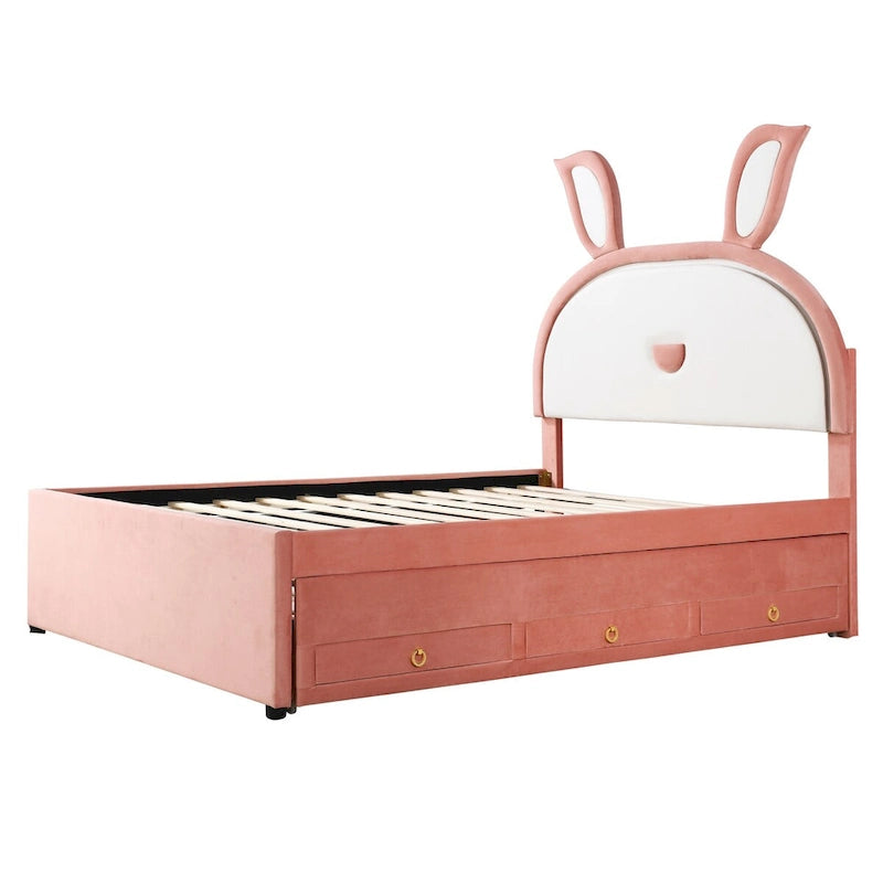 Letto a piattaforma imbottito interamente rosa con letto estraibile, 3 cassetti e testiera a coniglio a LED