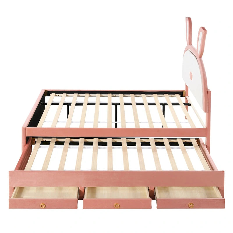 Letto a piattaforma imbottito interamente rosa con letto estraibile, 3 cassetti e testiera a coniglio a LED