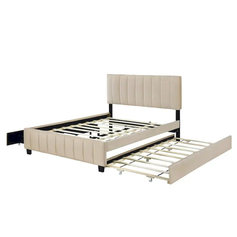 Letto Matrimoniale a Piattaforma Imbottito in Velluto con Cassetti Contenitore e Letto Estraibile Singolo XL