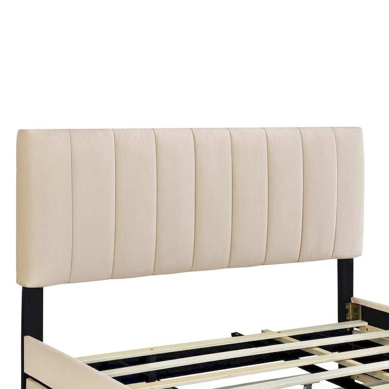 Letto Matrimoniale a Piattaforma Imbottito in Velluto con Cassetti Contenitore e Letto Estraibile Singolo XL